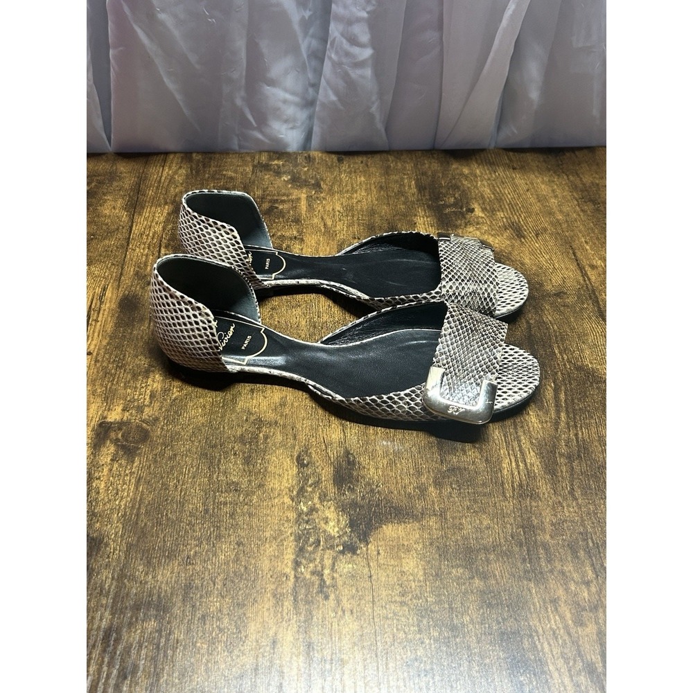 Roger Vivier Paris Snakeskin Print Open Toe Flats Gold Buckle Shoes Sz 35.5